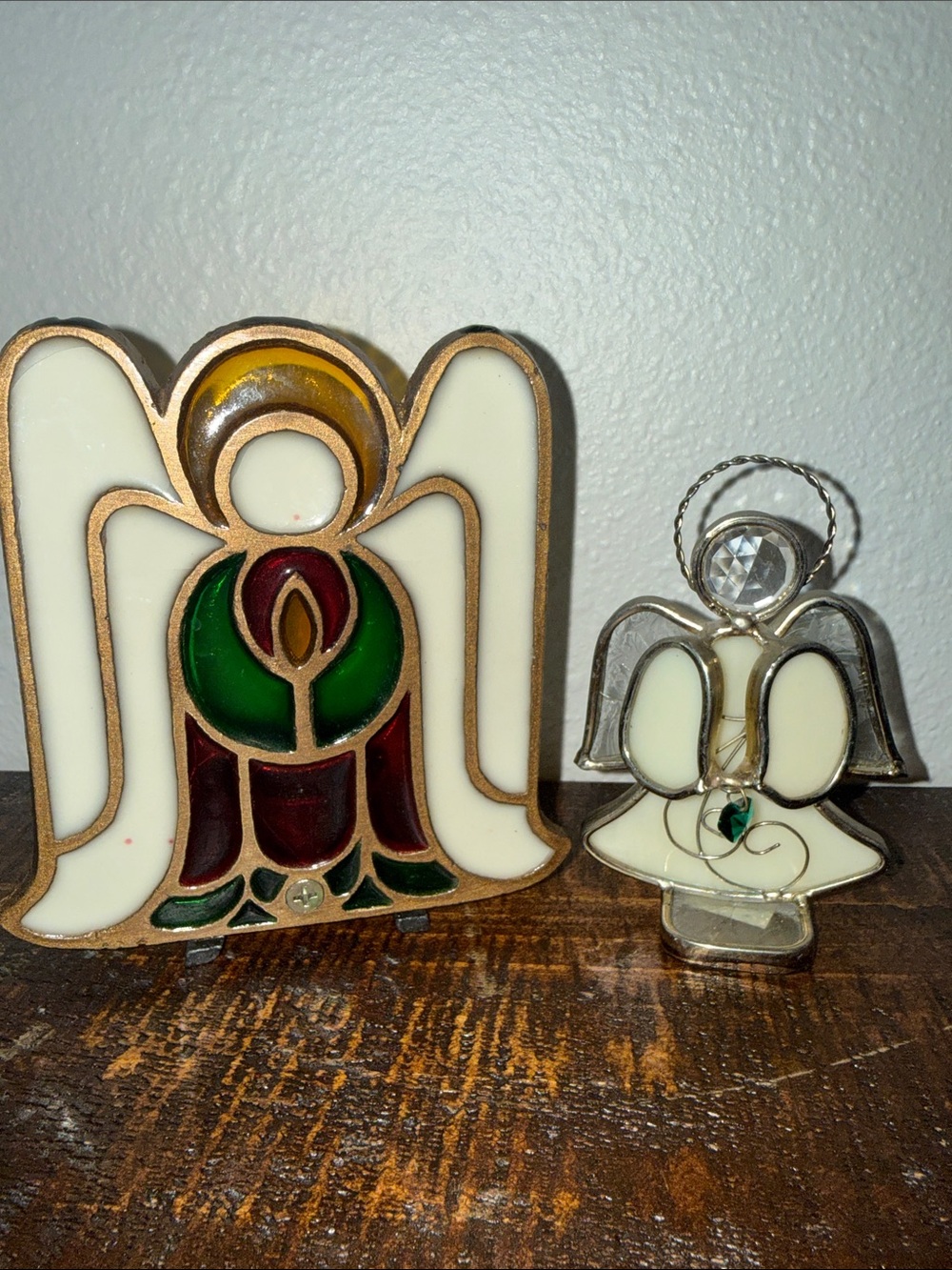 Stained Glass Angel Figurines - White, Green, Burgundy. Heavy duty. Well made.
